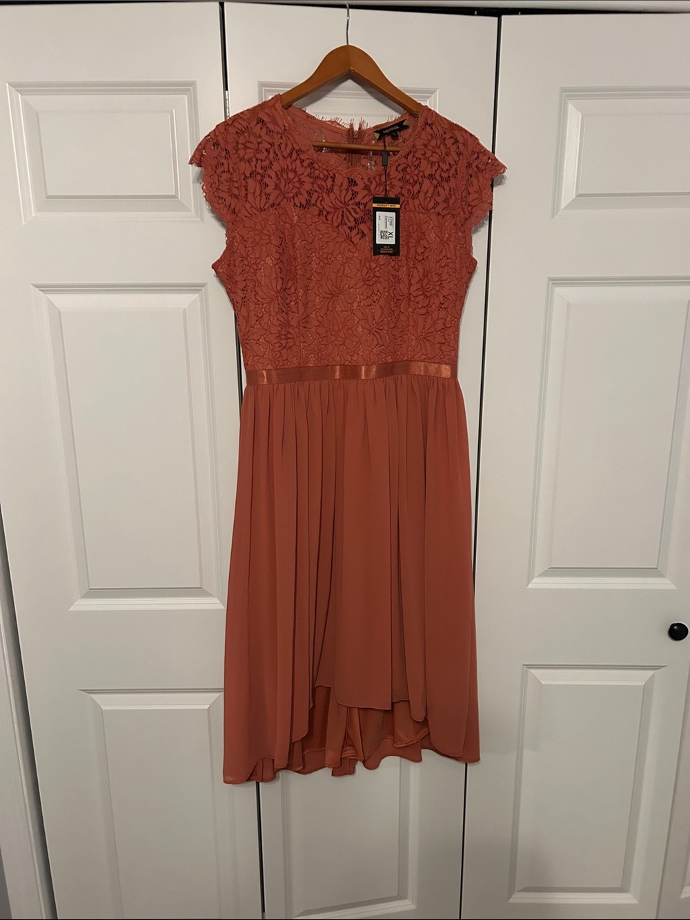 Cap-Sleeve Lace Bodice Midi Dress in Coral Rust